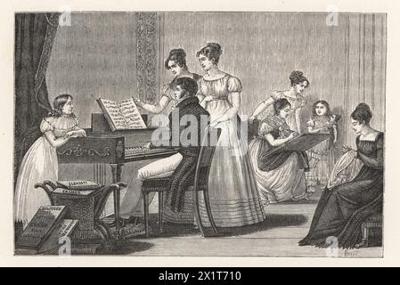 Una lezione di canto in un collegio di ragazze francesi del XIX secolo. Un tutor maschile suona il pianoforte mentre le studentesse girano le pagine della partitura, dello schizzo, del ricamo, ecc. Libri dei pianisti Muzio Clementi, Johann Baptist Cramer, ecc. Un lecon de chant dans un pensionnat de demoiselles. Xilografie di Huyot del Direttoire di Paul Lacroix, Consolato e Impero, (Direttorio, Consolato e Impero), Parigi, 1884. Foto Stock