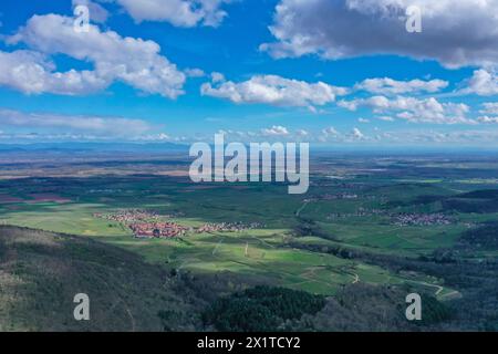 Luftaufnahme auf die Rheinebene und den Schwarzwald von der Hohkönigsburg oder Hochkönigsburg, französisch Chateau du Haut-Koenigsbourg, Kammburg am Ostrand der Vogesen bei Orschwiller Orschweiler, Elsass, Departement Bas-Rhin, Region Grand Est, Frankreich *** Vista aerea della pianura del Reno e della Foresta Nera dal Hohkönigsburg o Hochkönigsburg, castello francese di Haut Koenigsbourg, castello di cresta sul bordo orientale dei Vosgi vicino a Orschwiller Orschweiler, Alsazia, dipartimento di Bas Rhin, regione Grand Est, Francia Foto Stock