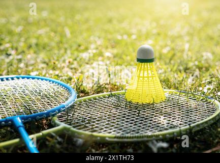 Due racchette da badminton e un rubinetto giallo sull'erba verde. Attività sportive e ricreative estive. Foto Stock
