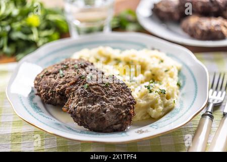 Cotolette di carne tritate con purè di patate ricoperte di burro chiarificato. Polpette tradizionali slovacche - Fasirky con purè di patate. Foto Stock