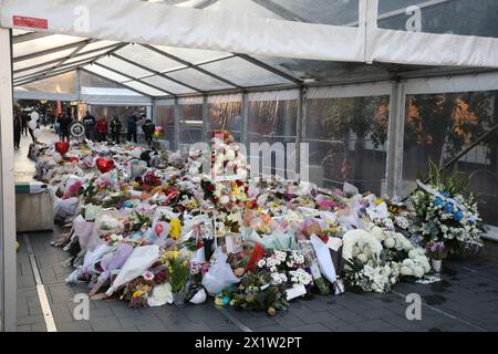 Sydney, Australia. 18 aprile 2024. Westfield Bondi Junction ha aperto per una giornata di riflessione mentre i negozi rimangono chiusi. La pila di fiori lasciati dalle persone nel centro commerciale di fronte continua a crescere e la gente visita per piangere e rendere omaggio dopo che un aggressore di coltello malato di mente (forse per droga), Joel Cauchi, 40 anni, ha fatto una furia uccidendo 6 persone. Crediti: Richard Milnes/Alamy Live News Foto Stock