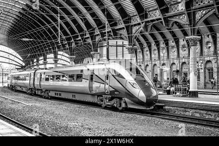 Un treno moderno si trova in una storica piattaforma della stazione ferroviaria sotto una tettoia di ferro del XIX secolo. Alcuni passeggeri si trovano vicino a una colonna. Foto Stock