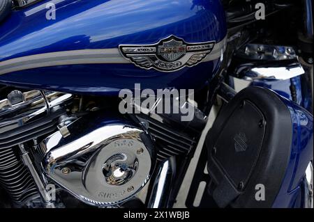 Primo piano di una moto Harley-Davidson blu con dettagli cromati, Marsiglia, dipartimento Bouches-du-Rhone, regione Provenza-Alpi-Costa Azzurra Foto Stock