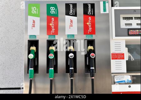 Gueejar-Sierra, Parco Nazionale della Sierra Nevada, pompe di carburante in una stazione di servizio con etichette e prezzi per vari carburanti, Costa del Sol, Andalusia, Spagna Foto Stock