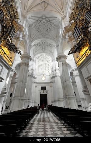 Santa Maria de la Encarnacion, cattedrale di Granada, vista dalla navata di una cattedrale con soffitto a volta alto e pavimento a scacchi Foto Stock