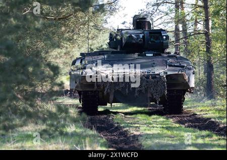 Schuetzenpanzer LUCHS, Bundespraesident Frank-Walter STEINMEIER besucht die Uebung National Guardian, Die Panzertruppenschule und die Militaerseelsorge auf dem Truppenuebungsplatz in Munster, 18.04.2024, *** il vettore di personale corazzato LUCHS, il presidente tedesco Frank Walter STEINMEIER visita l'esercitazione del National Guardian, la scuola di truppe corazzate e il cappellaio militare nel Muninco militare e il cappellaio militare 18 04 2024, Foto Stock