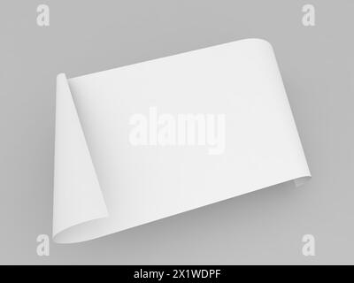 Foglio curvo di carta A4 su sfondo grigio. illustrazione di rendering 3d. Foto Stock
