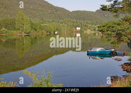 Alberi e una piccola barca si riflettono in un lago tranquillo, un vecchio canale, Telemark Canal, Telemark, Norvegia Foto Stock