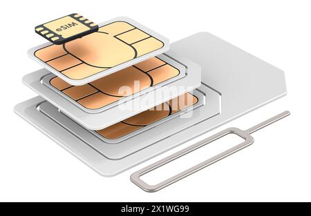 Stack di schede SIM con pin di espulsione per telefono cellulare, rendering 3D isolato su sfondo bianco Foto Stock