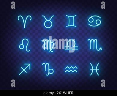 Set di segni zodiacali al neon, simboli dell'oroscopo su sfondo trasparente. Illustrazione Vettoriale