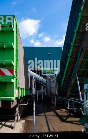 Attrezzature per la lavorazione di ortaggi freschi dopo la raccolta, lo stoccaggio, la cernita, il lavaggio, il taglio, imballaggio, agricoltura nei Paesi Bassi Foto Stock