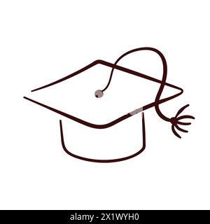 Icona del cappello graduato in stile art. Descrivere il college, lo studio, l'insegna dell'università. Illustrazione isolata su sfondo bianco. Illustrazione Vettoriale
