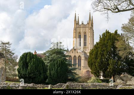 St Edmundsbury Cathedral from Abbey Roads, Bury St Edmunds, Suffolk, Inghilterra, Regno Unito Foto Stock