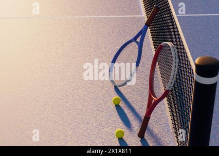 Vista dall'alto di racchette da tennis e palle vicino alla rete sul campo con rendering 3D alla luce del sole. Foto Stock