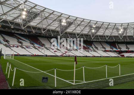 Londra, Regno Unito. 18 aprile 2024. Una visione generale dello Stadio di Londra in vista della partita dei quarti di finale di UEFA Europa League West Ham United vs Bayer 04 Leverkusen al London Stadium, Londra, Regno Unito, 18 aprile 2024 (foto di Gareth Evans/News Images) a Londra, Regno Unito, il 4/18/2024. (Foto di Gareth Evans/News Images/Sipa USA) credito: SIPA USA/Alamy Live News Foto Stock