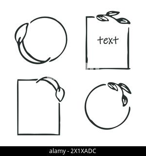Cornici originali, bordi in stile Doodle art impostati. Tratti di pennello disegnati a mano, lascia elementi grafici. Contorno della corona circolare, forme geometriche quadrate Illustrazione Vettoriale