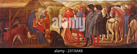 Masaccio - ( 1401 – estate 1428) nato Tommaso di Ser Giovanni di Simone, artista fiorentino considerato il primo grande pittore italiano del Quattrocento del Rinascimento italiano. 1426 — Adorazione dei Magi Foto Stock