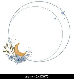 Cornice di fiori tondi ad acquerello con Twig e Luna. Illustrazione per bambini. Colori pastello beige e blu. Per camera per bambini Design, cornici fotografiche, po Foto Stock