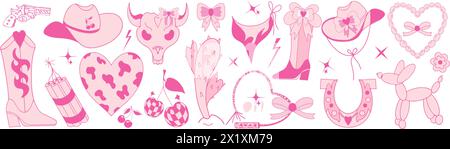 Set rosa cowboy girl, elementi di moda. Stivali Cowgirl howdy, palla di ciliegio, cappello, ferro di cavallo. Tema cowboy western e selvaggio West. Disegnato a mano Illustrazione Vettoriale