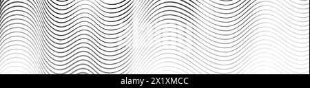 Linee nere ondulate che vanno da sottili a spesse. Onde striate disegnate con inchiostro. Sfondo geometrico astratto con struttura della superficie acquosa monocromatica. Vettore Illustrazione Vettoriale