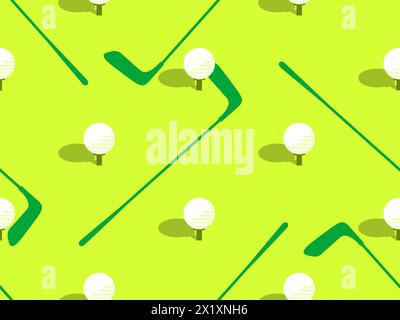 Modello senza cuciture con mazze da golf e palle su un campo verde. Golf club e campo da golf in stile minimalista. Design di tipografia, striscioni e poster, a Illustrazione Vettoriale