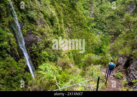 Descrizione: Una donna turista in viaggio con zaino in spalla gode di una vista sulla cascata ricoperta mentre percorre un sentiero simile a una scala nella foresta pluviale. Levada di Caldeirão Verd Foto Stock