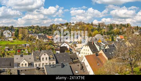 Vista dal castello di Wildeck alla città vecchia di Zschopau, Sassonia, Germania Foto Stock