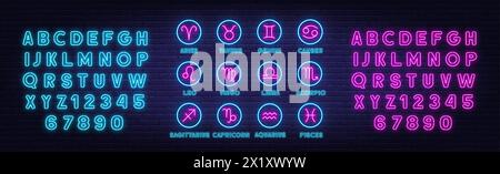 Set vettoriale di segni zodiacali al neon, simboli dell'oroscopo sullo sfondo della parete di mattoni. Illustrazione Vettoriale