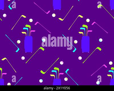 Motivo senza cuciture con mazze da golf in una borsa e palline da golf. Silhouette bianche di borse con mazze da golf su sfondo viola. Attrezzatura da golf. Design di Illustrazione Vettoriale