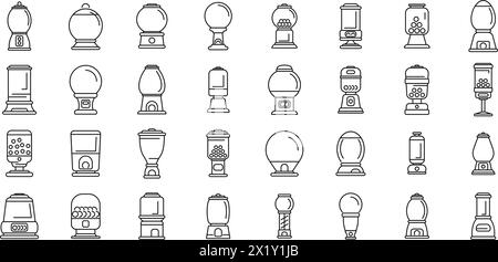 Le icone della macchina Bubblegum impostano il vettore di contorno. Distributore automatico. Cibo per slot machine Illustrazione Vettoriale