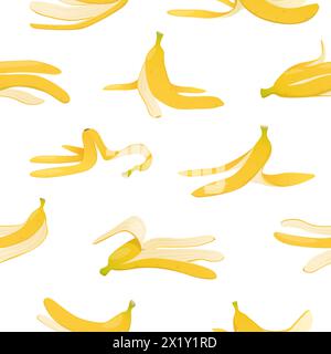 Motivo senza cuciture a strappo di banana. Diverse posizioni di sbucciatura della frutta. Rifiuti alimentari ripetuti. Spazzatura organica. Pelle scivolosa. Scivola sul guscio. Prodotto Illustrazione Vettoriale