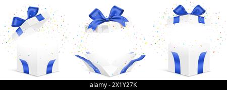 Set vettoriale di scatole regalo bianche con nastri blu e coriandoli colorati esplosi isolati su sfondo bianco. Scatola regalo a sorpresa aperta, illustrazione vettoriale. Illustrazione Vettoriale