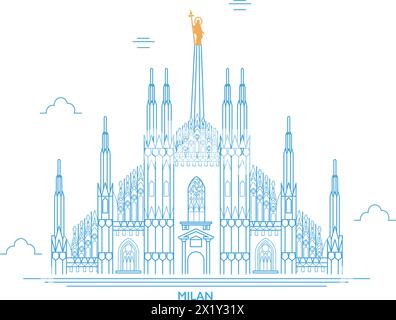 Un disegno a mano libera del Duomo di Milano, vista del Duomo di Milano. Panoramica della facciata della cattedrale in marmo bianco. Contrafforti, pinnacoli Illustrazione Vettoriale