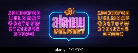 Insegna al neon per la consegna gratuita nel fumetto sul fondo della parete. Illustrazione Vettoriale