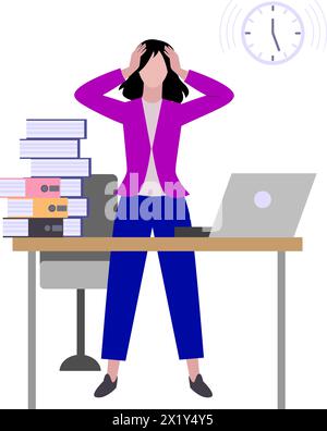 Stressata ragazza che lavora alla riunione di scadenza. Gestione del tempo - illustrazione vettoriale Illustrazione Vettoriale