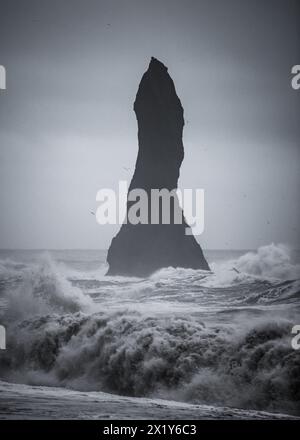 Onde spettacolari su Black Sand Beach, Vik, Islanda Foto Stock