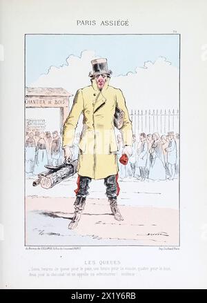 Vita d'arte d'epoca a Parigi durante l'assedio del 1870-1871. Targa illustrativa francese cartoonizzata di Draner raffigurante la realtà della città mentre era circondata dalle forze tedesche alla fine della guerra franco-prussiana. Foto Stock