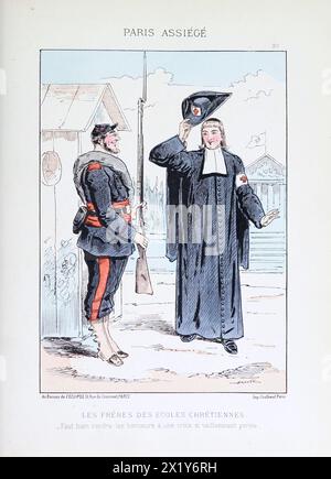 Vita d'arte d'epoca a Parigi durante l'assedio del 1870-1871. Targa illustrativa francese cartoonizzata di Draner raffigurante la realtà della città mentre era circondata dalle forze tedesche alla fine della guerra franco-prussiana. Foto Stock