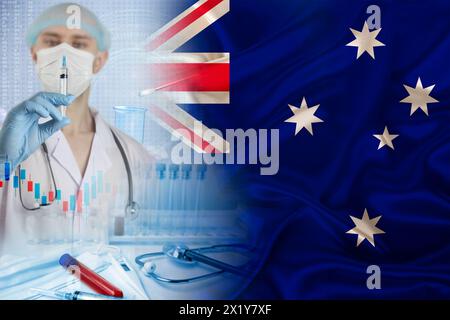 Australia bandiera nazionale sul raso, medico con siringa, concetto di vaccinazione della popolazione del paese, sviluppo medico, coronavirus covid-19, pass immunitario Foto Stock