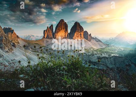 Descrizione: Vista spettacolare da Sextner Stein sulla catena montuosa delle tre Cime in serata. Tre Cime, Dolomiti, alto Adige, Italia, Europa. Foto Stock