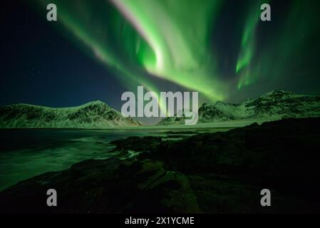 Aurora boreale su Flakstad Beach, Lofoten, Norvegia Foto Stock