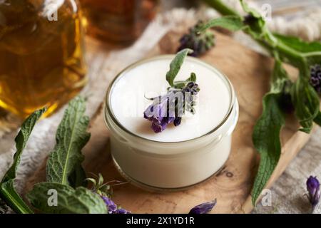 Un vasetto di unguento comfrey con piante fresche di symphytum officinale fioritura Foto Stock