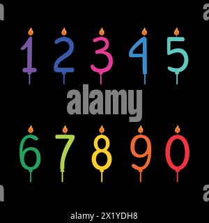 Happy Birthday set di numeri di candele disegnati a mano su sfondo scuro. Colori arcobaleno. Pacchetto di modelli per le vacanze. Stile piatto. Illustrazione vettoriale Illustrazione Vettoriale