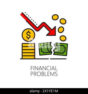 Icona della linea di colore del problema finanziario con il grafico del denaro e della recessione. Crisi economica vettoriale, fallimento, perdita di denaro e simbolo di povertà con freccia del grafico di declino, banconote in valuta e monete Illustrazione Vettoriale