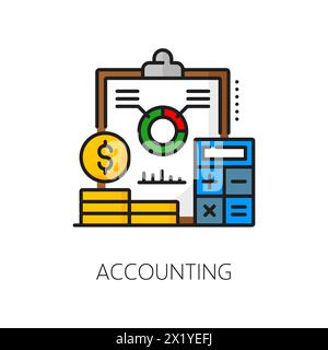 Icona della linea contabile a colori con rendiconto finanziario vettoriale, denaro e calcolatrice. Rapporto sulle entrate delle aziende, segno di contorno isolato con grafico statistico e monete in valuta, temi aziendali Illustrazione Vettoriale