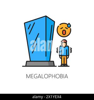 Salute mentale umana, megalofobia fobia, problema di psicologia o ansia icona di colore lineare. Psicologia delle persone, megalofobia disturbo mentale o fobia di oggetti grandi delineano il segno vettoriale o il pittogramma Illustrazione Vettoriale