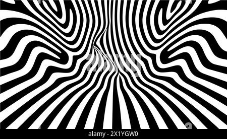 Modello ipnotico astratto con righe bianche e nere. Sfondo psichedelico. Op art, illusione ottica. Tecnologia mezzitoni motivo di sfondo o. Illustrazione Vettoriale