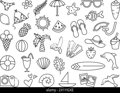 Icone estive Doodle. Elementi lineari della stagione estiva disegnati a mano. Vacanze in spiaggia o in viaggio, palme, cocktail, frutta. Insieme di vettori neoterici turistici Illustrazione Vettoriale