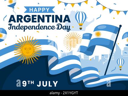 Felice Argentina Independence Day illustrazione vettoriale il 9 luglio con bandiera ondulata e nastro in Flat Cartoon Celebration background Design Illustrazione Vettoriale