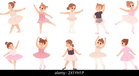 Ballerina di balletto. Bambine che ballano in tutu, cartoni animati isolati piccoli personaggi. Lezione di danza classica in classe, hobby comodo vettore Illustrazione Vettoriale